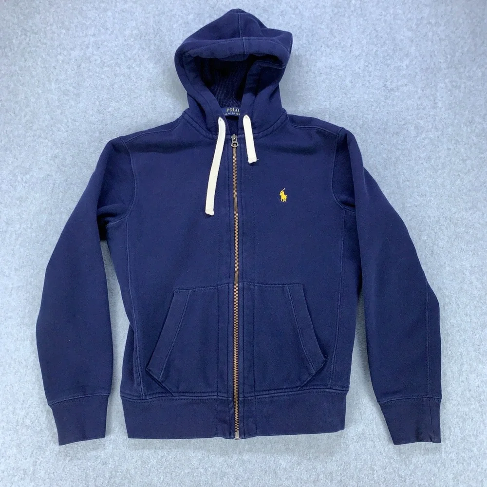 Polo Ralph Lauren Full Zip Hoodie Men Small Navy Blue Yellow Pony Fleece Classic